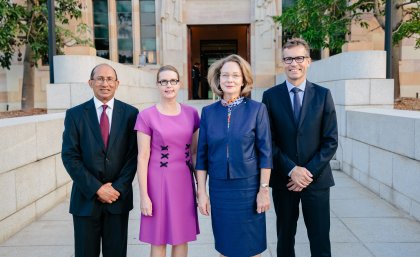 UQ Chancellor Peter Varghese AO, Professor Sarah Derrington (Dean of Law and Head of TC Beirne School of Law), The Honourable Susan Kiefel AC, Chief Justice of the High Court of Australia, UQ Vice-Chancellor and President Professor Peter Høj. 